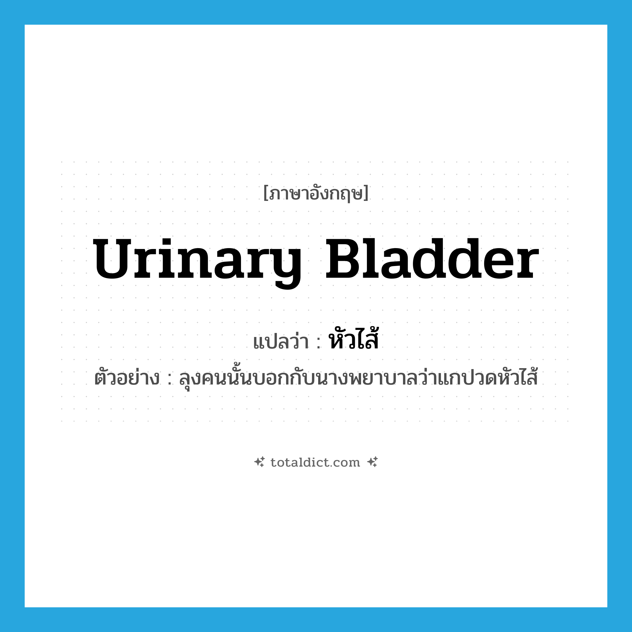 urinary bladder แปลว่า?, คำศัพท์ภาษาอังกฤษ urinary bladder แปลว่า หัวไส้ ประเภท N ตัวอย่าง ลุงคนนั้นบอกกับนางพยาบาลว่าแกปวดหัวไส้ หมวด N