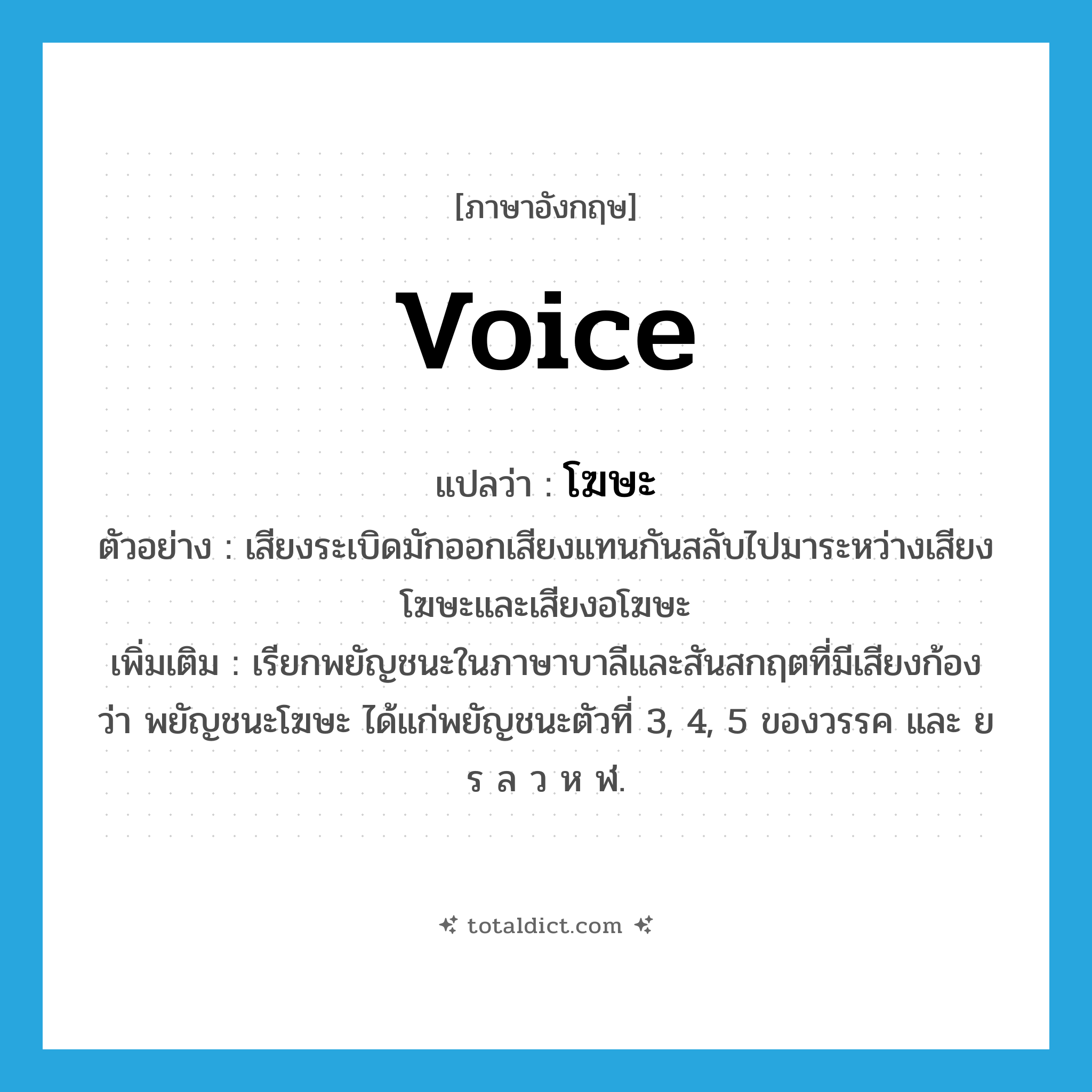 voice แปลว่า?, คำศัพท์ภาษาอังกฤษ voice แปลว่า โฆษะ ประเภท N ตัวอย่าง เสียงระเบิดมักออกเสียงแทนกันสลับไปมาระหว่างเสียงโฆษะและเสียงอโฆษะ เพิ่มเติม เรียกพยัญชนะในภาษาบาลีและสันสกฤตที่มีเสียงก้องว่า พยัญชนะโฆษะ ได้แก่พยัญชนะตัวที่ 3, 4, 5 ของวรรค และ ย ร ล ว ห ฬ. หมวด N