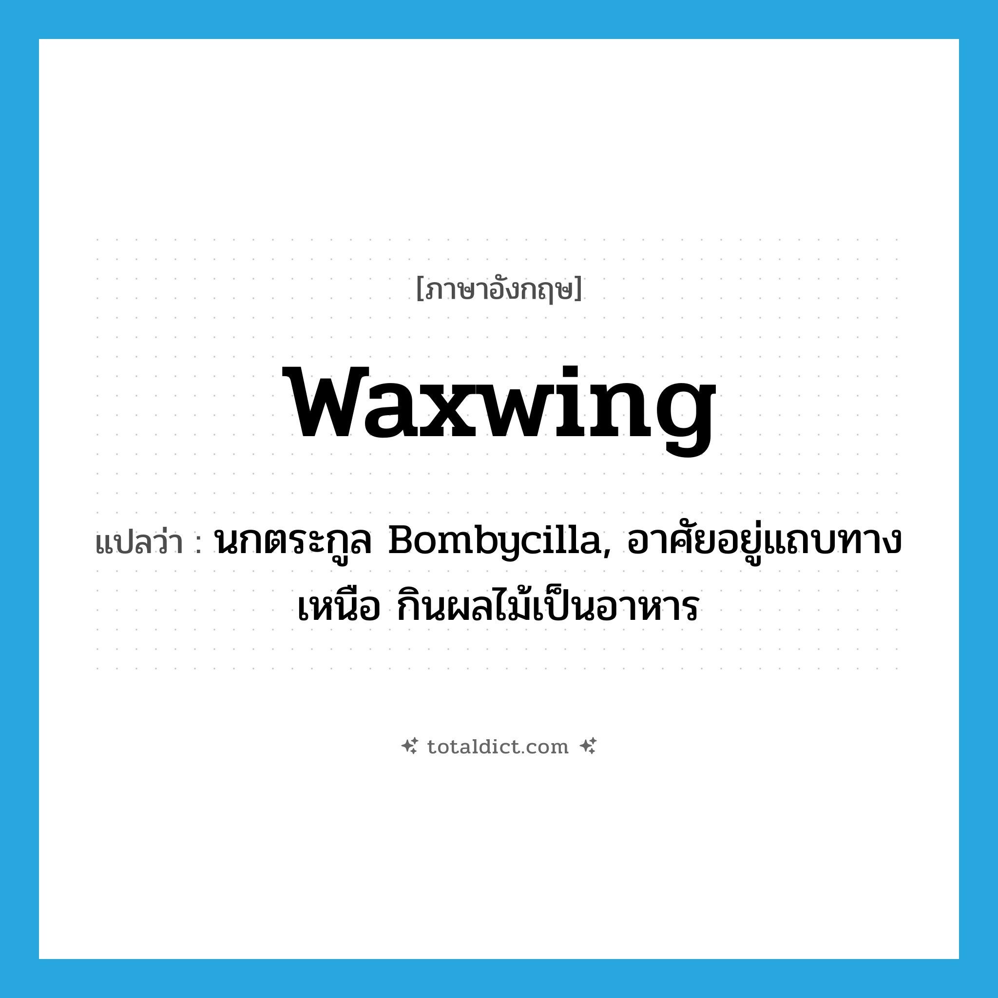 waxwing แปลว่า?, คำศัพท์ภาษาอังกฤษ waxwing แปลว่า นกตระกูล Bombycilla, อาศัยอยู่แถบทางเหนือ กินผลไม้เป็นอาหาร ประเภท N หมวด N