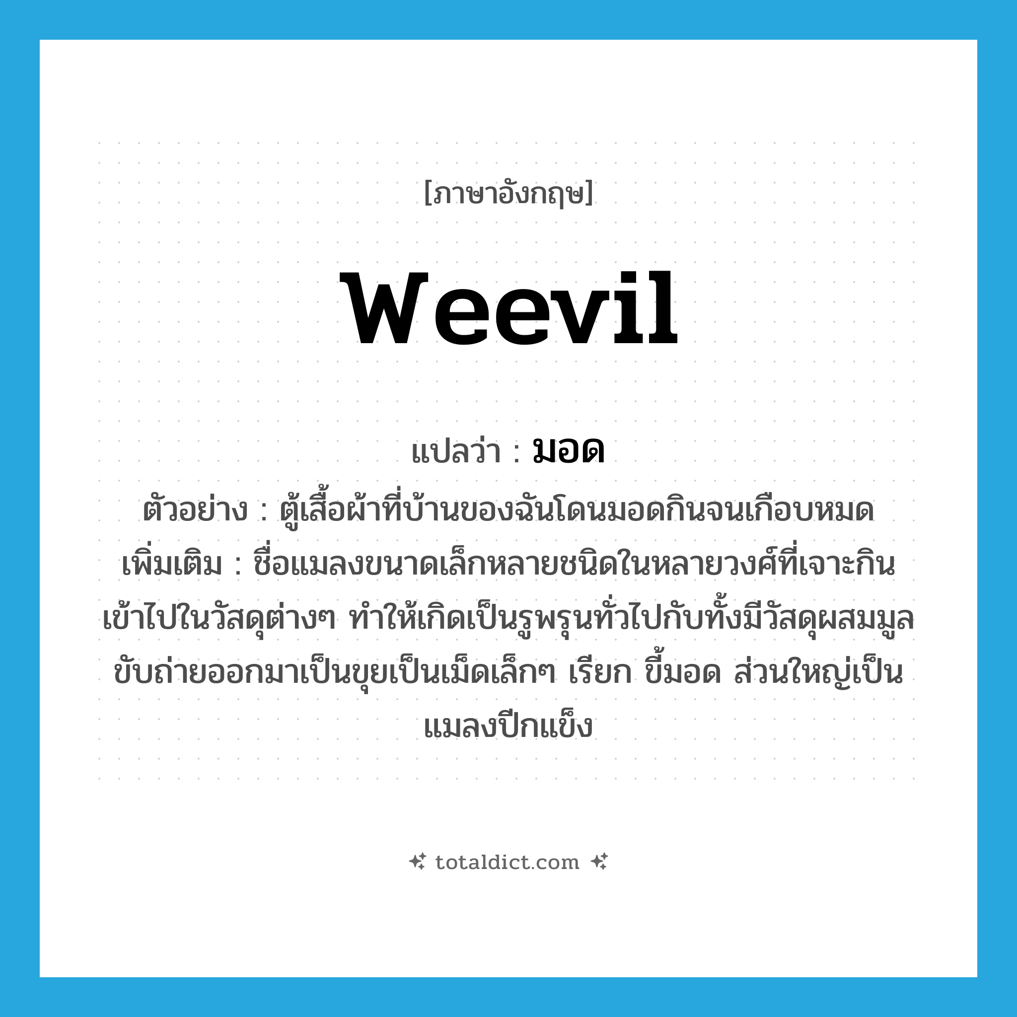 weevil แปลว่า?, คำศัพท์ภาษาอังกฤษ weevil แปลว่า มอด ประเภท N ตัวอย่าง ตู้เสื้อผ้าที่บ้านของฉันโดนมอดกินจนเกือบหมด เพิ่มเติม ชื่อแมลงขนาดเล็กหลายชนิดในหลายวงศ์ที่เจาะกินเข้าไปในวัสดุต่างๆ ทำให้เกิดเป็นรูพรุนทั่วไปกับทั้งมีวัสดุผสมมูลขับถ่ายออกมาเป็นขุยเป็นเม็ดเล็กๆ เรียก ขี้มอด ส่วนใหญ่เป็นแมลงปีกแข็ง หมวด N