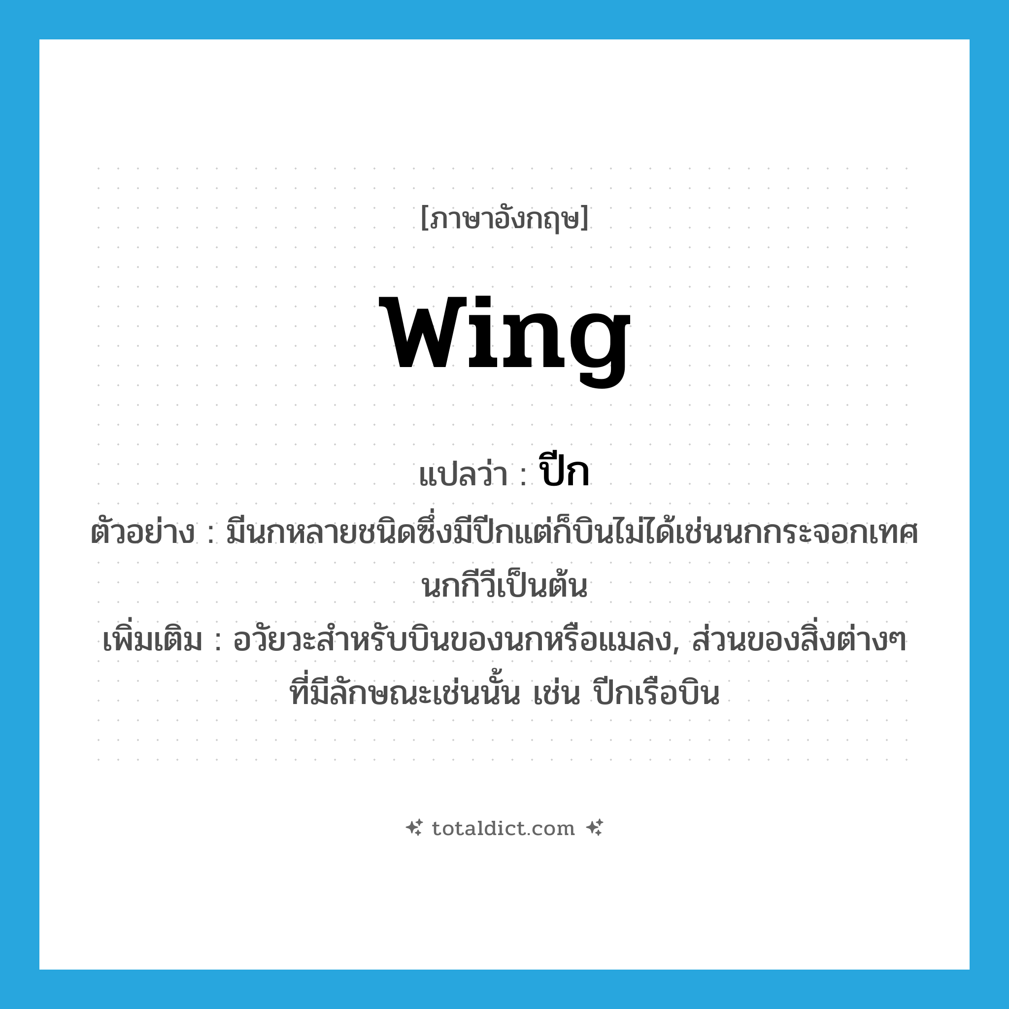 wing แปลว่า?, คำศัพท์ภาษาอังกฤษ wing แปลว่า ปีก ประเภท N ตัวอย่าง มีนกหลายชนิดซึ่งมีปีกแต่ก็บินไม่ได้เช่นนกกระจอกเทศ นกกีวีเป็นต้น เพิ่มเติม อวัยวะสำหรับบินของนกหรือแมลง, ส่วนของสิ่งต่างๆ ที่มีลักษณะเช่นนั้น เช่น ปีกเรือบิน หมวด N