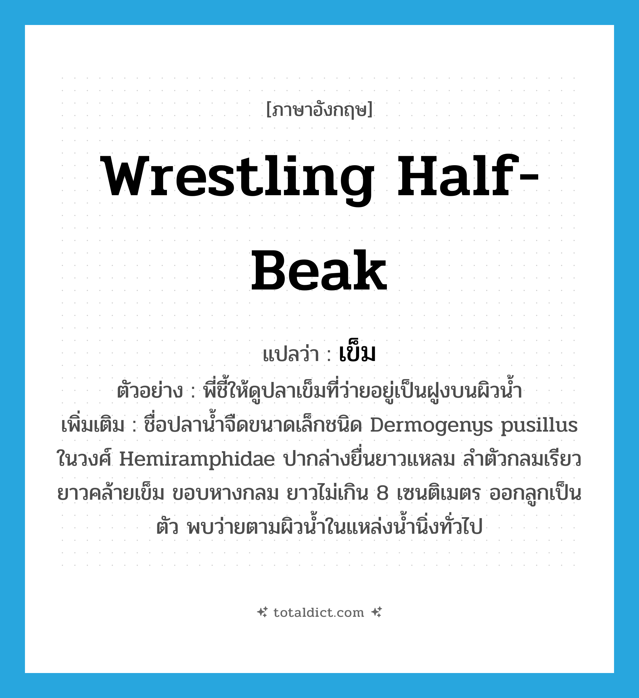 Wrestling Half-Beak แปลว่า?, คำศัพท์ภาษาอังกฤษ Wrestling Half-Beak แปลว่า เข็ม ประเภท N ตัวอย่าง พี่ชี้ให้ดูปลาเข็มที่ว่ายอยู่เป็นฝูงบนผิวน้ำ เพิ่มเติม ชื่อปลาน้ำจืดขนาดเล็กชนิด Dermogenys pusillus ในวงศ์ Hemiramphidae ปากล่างยื่นยาวแหลม ลำตัวกลมเรียวยาวคล้ายเข็ม ขอบหางกลม ยาวไม่เกิน 8 เซนติเมตร ออกลูกเป็นตัว พบว่ายตามผิวน้ำในแหล่งน้ำนิ่งทั่วไป หมวด N